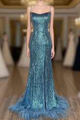 Long Sequined Blue Straps Semi Formal Prom Dress with Feather Hem